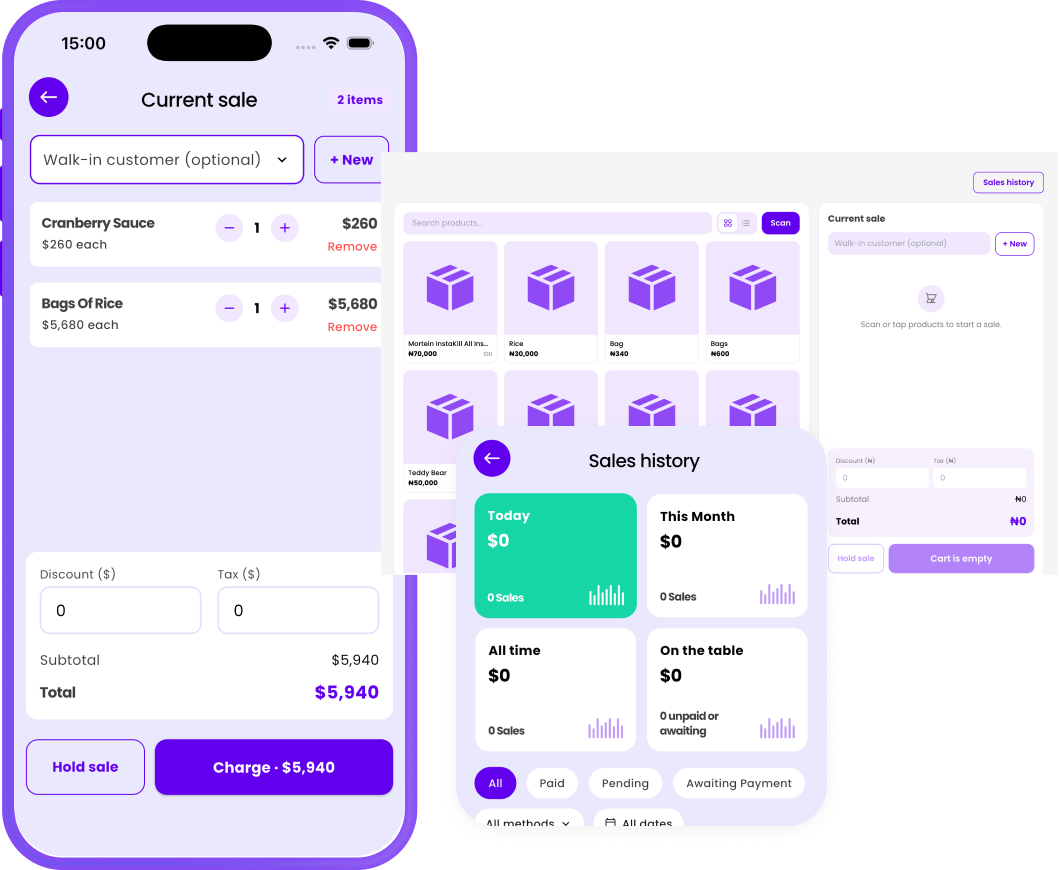 Point of Sale — take payment, print receipt, stock updates automatically